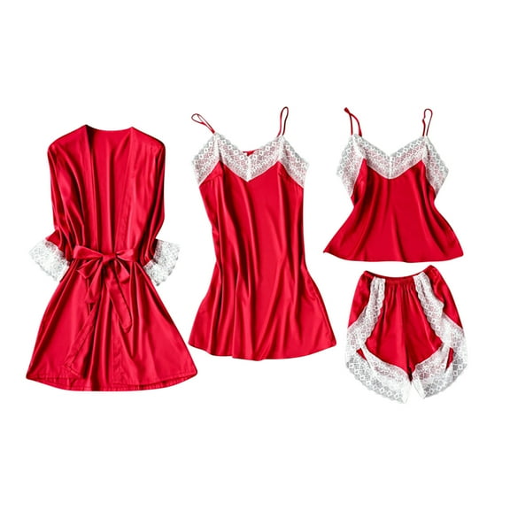 XuJwPNcy Womens 4 Piece Pajama Satin Sets Sleepwear Cami Robes Nightgowns Short Pants Outfits Pjs Lounge Sets