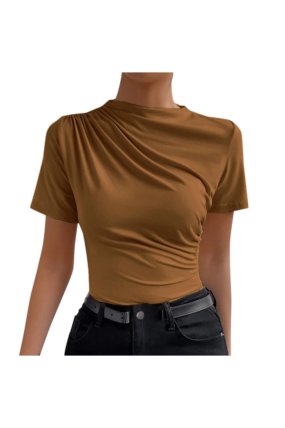 Womens Basic T Shirts Summer Crew Neck Short Sleeve Ruched Tops Slim Tees Basic Clothing