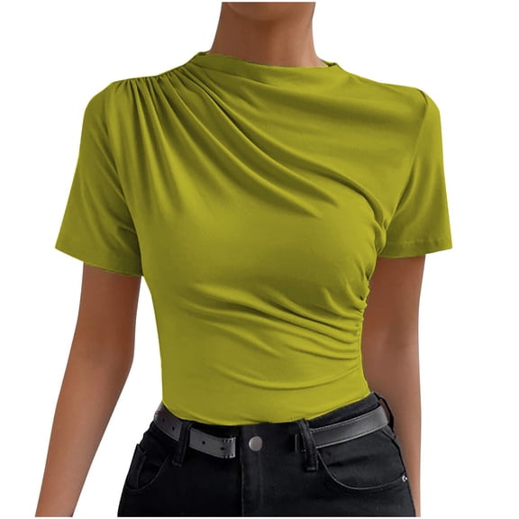 XuJwPNcy Womens Basic T Shirts Summer Crew Neck Short Sleeve Ruched Tops Slim Tees Basic Clothing