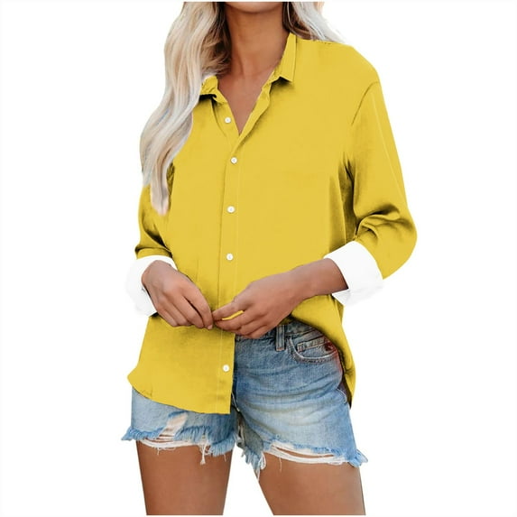XuJwPNcy Womens Button down Shirt Casual Long Sleeves Loose Collared Blouses Fashion Solid Top with Pockets