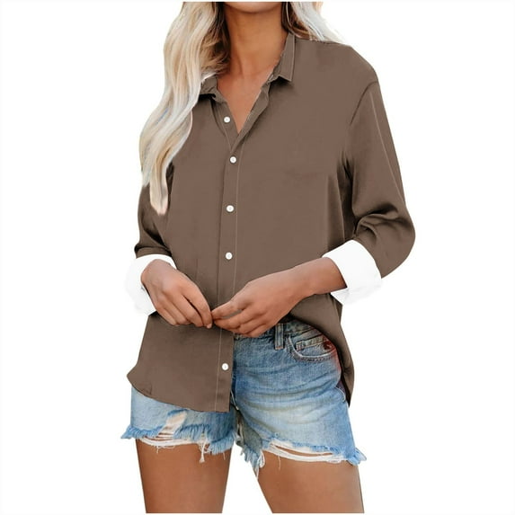 Yuzhih Womens Button down Shirt Casual Long Sleeves Loose Collared Blouses Fashion Solid Top with Pockets
