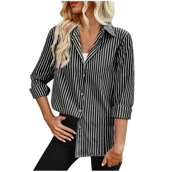 XuJwPNcy Womens Button down Shirts Striped Classic Long Sleeve Office Top Collared V Neck Business Shirts
