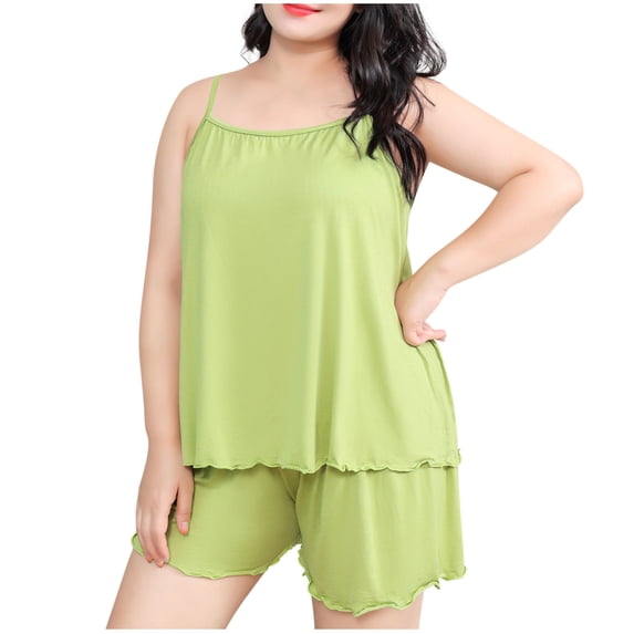 XuJwPNcy Womens Cami Pajama Sets Plus Size Soft Tank Top with Elastic Waist Shorts Camisole Lounge Set 2 Piece Cute Solid Color Pjs