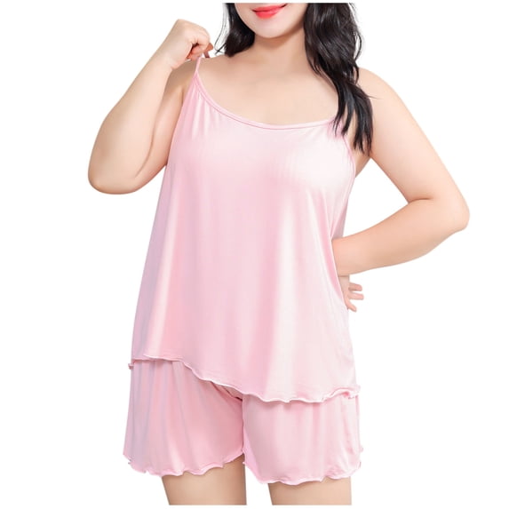 XuJwPNcy Womens Cami Pajama Sets Plus Size Soft Tank Top with Elastic Waist Shorts Camisole Lounge Set 2 Piece Cute Solid Color Pjs