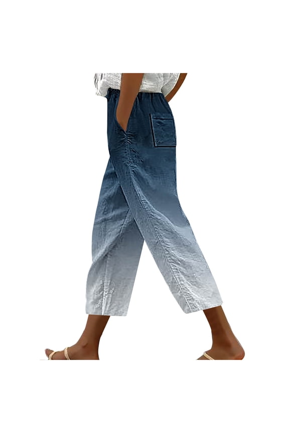 Womens Capri Pants Elastic Waist Drawstring Comfy Casual Pants with Pockets Lightweight Gradient Loose Trousers