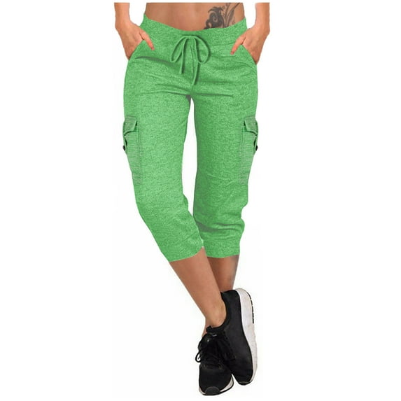 XuJwPNcy Womens Capri Pants Summer Elastic Waist Drawstring Yoga Gym Capri Leggings Lightweight Travel Hiking Cargo Pants