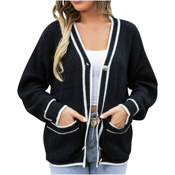Yuzhih Womens Cardigan Sweaters Button down Loose Comfy Color Block Coats Thermal Open Front with Pockets
