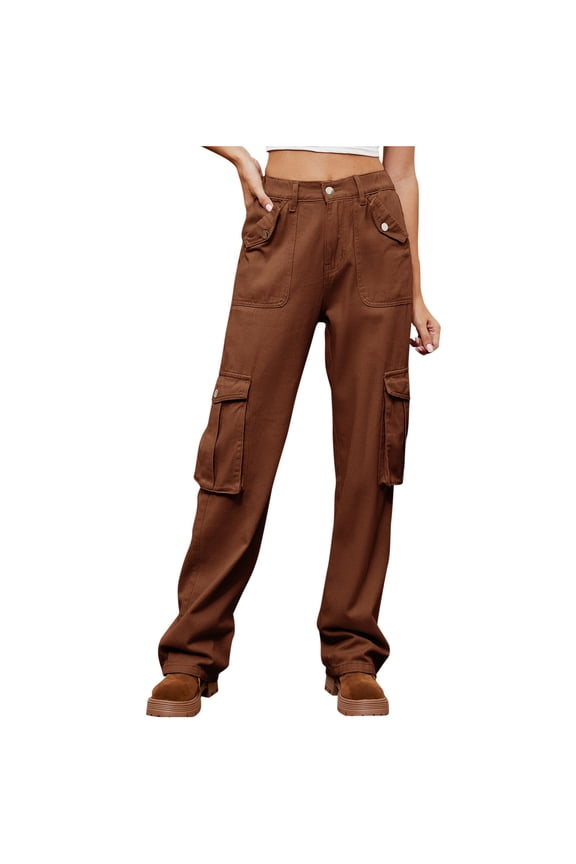Womens Cargo Pants Straight Wide Leg Cargo Jeans Baggy Streetwear Fashion Flap Pocket Denim Trousers