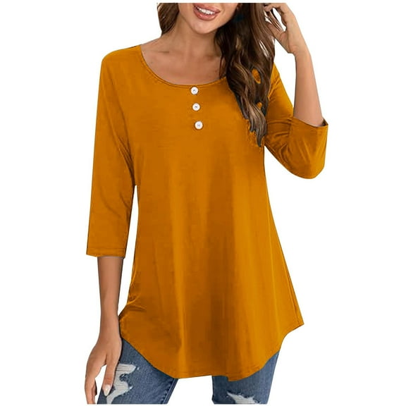 XuJwPNcy Womens Casual 3/4 Sleeve T Shirts Button up Crew Neck Summer Tunic Tops Solid Color Basic Tees