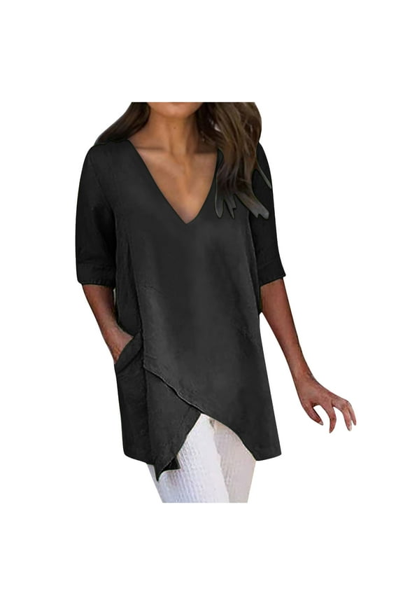 Womens Casual Cotton Linen Shirts Short Sleeve V Neck Oversized Tops with Pocket High Low Asymmetrical Split Hem Tee