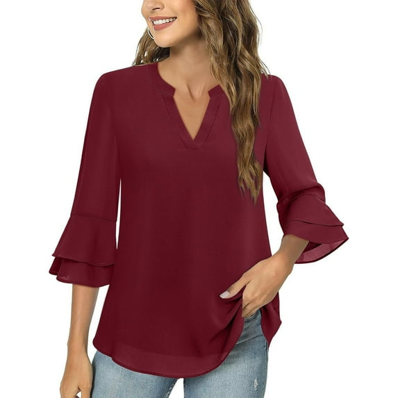 XuJwPNcy Womens Chiffon Tops Solid Color 3/4 Bell Sleeve V Neck Blouse Casual Comfy Business Work Tunic Shirts