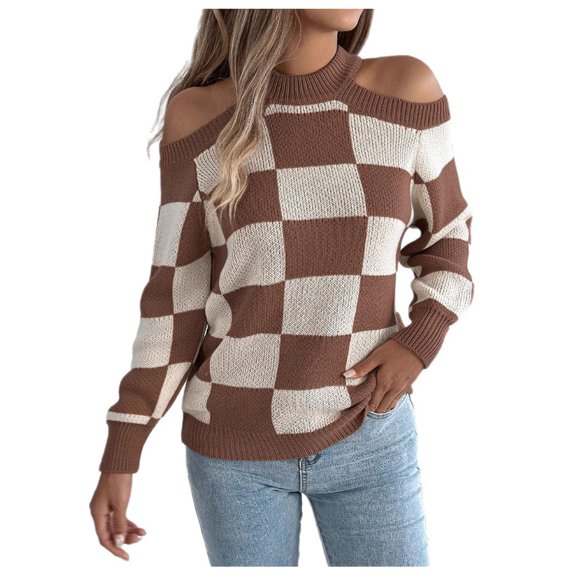 Yuzhih Womens Cold Shoulder Sweaters Mock Neck Fall Long Sleeve Soft Solid Color Pullovers Plaid Lightweight Sweater