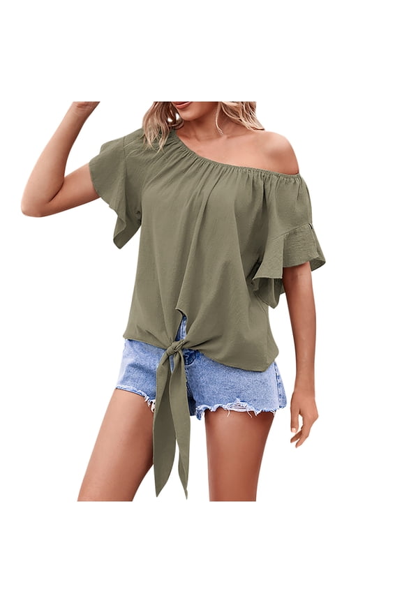 Womens Cold Shoulder Tops Ruffle Short Sleeve Tie Knot Casual Blouses Solid Colour Loose Summer Shirts