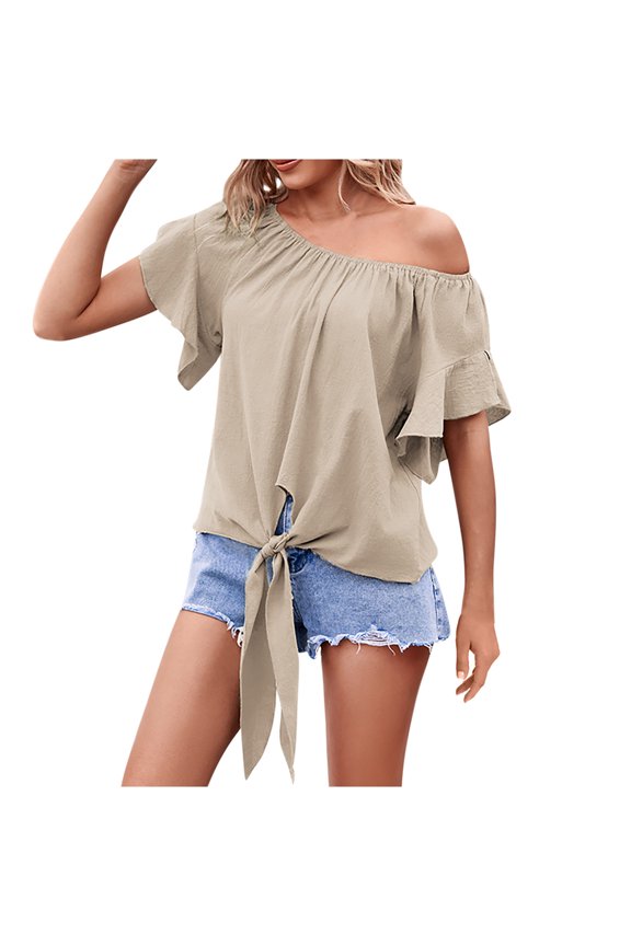 Womens Cold Shoulder Tops Ruffle Short Sleeve Tie Knot Casual Blouses Solid Colour Loose Summer Shirts