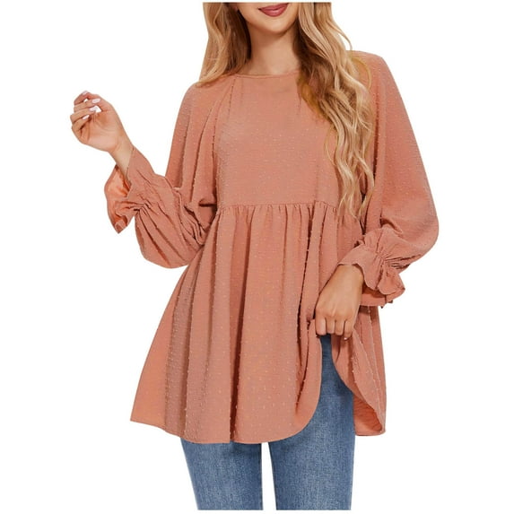 XuJwPNcy Womens Dressy Casual Blouses Ruffle Long Sleeve Babydoll Tops Round Neck Pleated Fall Clothes