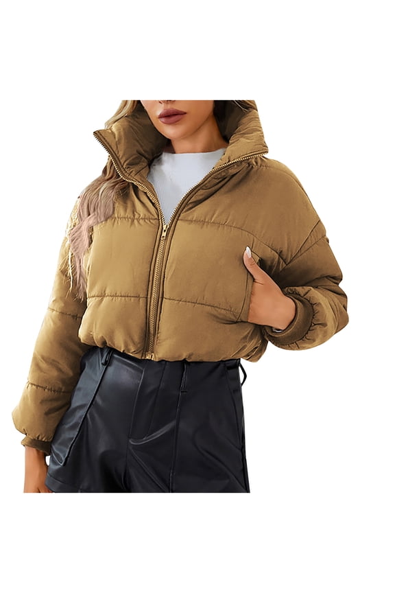 Womens Fall Fashion 2023 Women's Winter Cropped Zip Up Puffer Jacket Stand Collar Long Sleeve Short Thick Puffy Winter Bubble Coat Outerwear