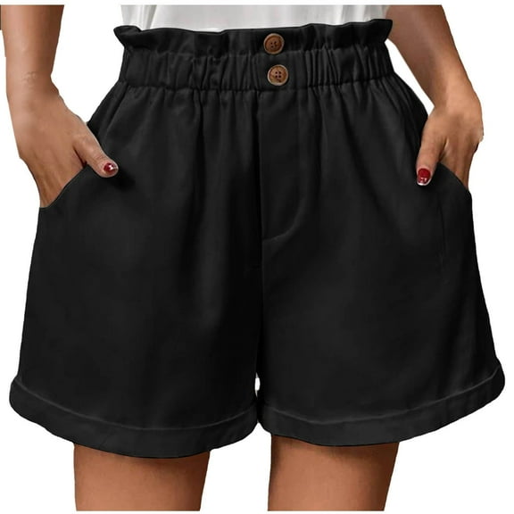 XuJwPNcy Womens Linen Shorts Elastic High Waisted Button up Shorts with Pockets Fashion Solid Fold Hem Shorts