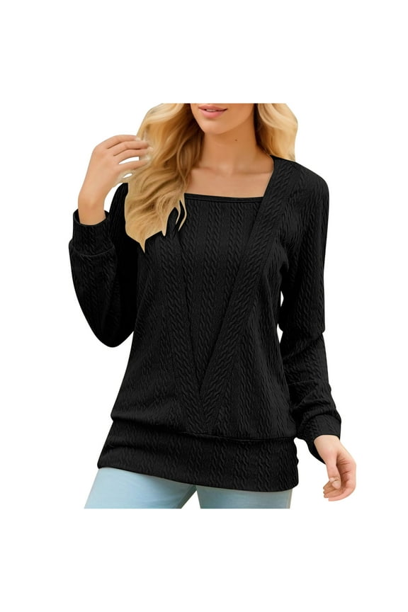 Womens Long Sleeve Patchwork Shirts Square Neck Pullover Top Solid Color Lightweight Clothing