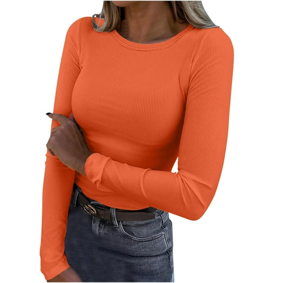XuJwPNcy Womens Long Sleeve Ribbed Knit Shirts Round Neck Casual Soldi Color Fall Tops Slim Basic Tee Shirts
