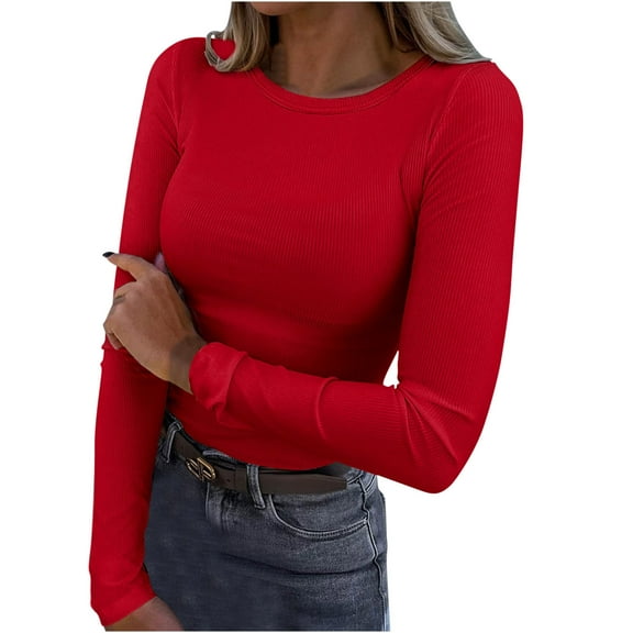 XuJwPNcy Womens Long Sleeve Ribbed Knit Shirts Round Neck Casual Soldi Color Fall Tops Slim Basic Tee Shirts