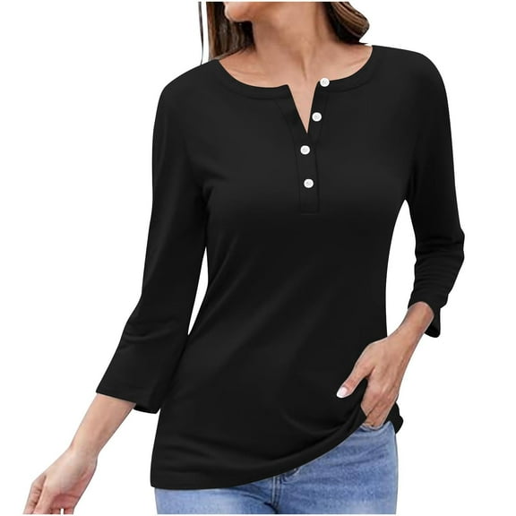 Yuzhih Womens Long Sleeve Tops Casual Solid Color Button up Shirts Workout V Neck Tunic Blouse Trendy Fall Shirts