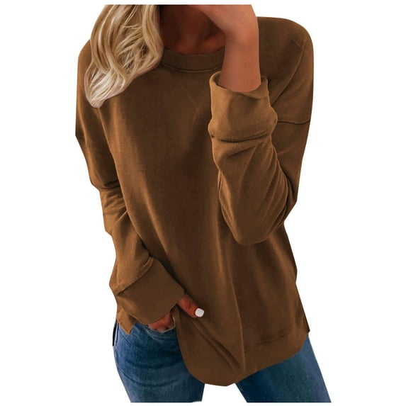 Yuzhih Womens Oversized Sweatshirts Solid Color Long Sleeve Shirts Clothing Fall Side Slit Pullover Top Fashion Outfits(Khaki,Large)