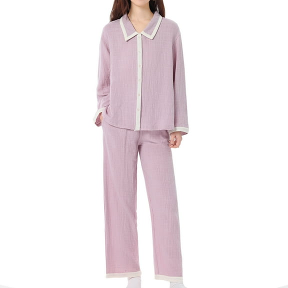 XuJwPNcy Women's 2 Piece Pajama Sets Long Sleeve Collared V Neck Button down Shirt with Wide Leg Pant Matching Pj Sets