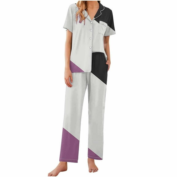 XuJwPNcy Womens Pajama Set Soft Short Sleeve Pajamas and Long Pants with Pockets Button-Up Sleepwear Loungewear