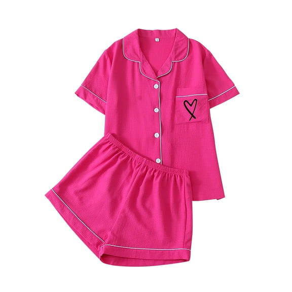 XuJwPNcy Womens Pajama Sets Pj Set Cute Heart Print Short Sleeve Button down Shirt with Shorts 2 Piece Pjs Set