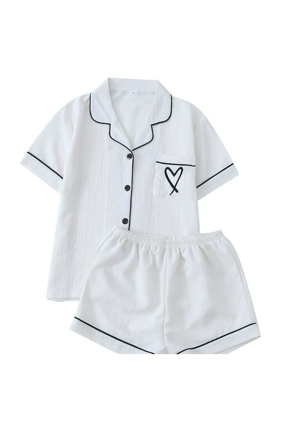 Womens Pajama Sets Pj Set Cute Heart Print Short Sleeve Button down Shirt with Shorts 2 Piece Pjs Set