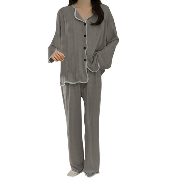 Yuzhih Womens Pajamas Set Long Sleeve Solid Sleepwear Outfit Lapel Button Loungewear Two-Piece Nightwear