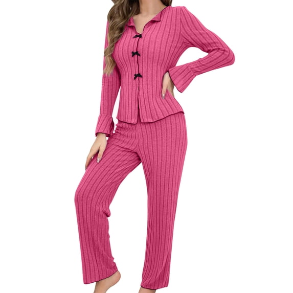 XuJwPNcy Womens Pajamas Set Ribbed Knit Long Sleeve Pullover Top Wide Elg Pants Set 2 Piece Matching Outfits Set