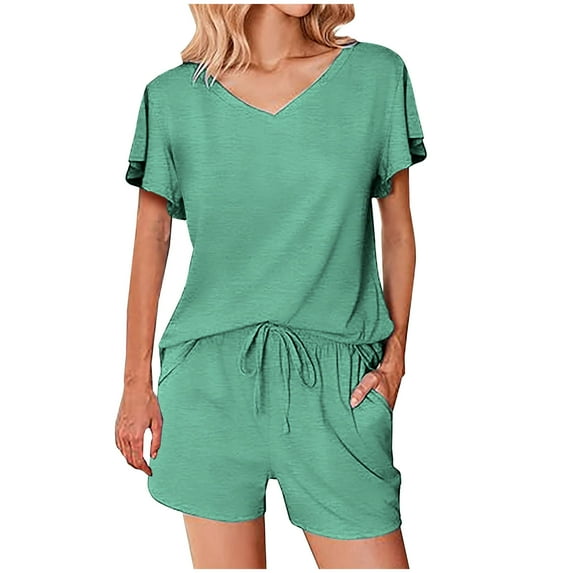 XuJwPNcy Womens Pajamas Set Ruffle Sleeve Sleepwear Comfy V Neck Top and Shorts 2 Piece Pjs Loungewear with Pockets