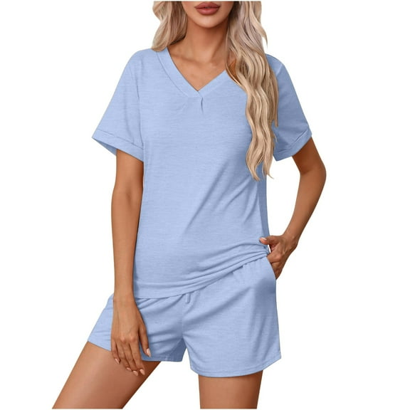 XuJwPNcy Womens Pajamas Set Short Sleeve Loungewear Soft V Neck Tee Top and Shorts Sleepwear 2 Piece Pj Sets