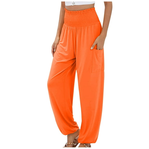 XuJwPNcy Womens Pants Smocked High Waisted Workout Yoga Pants with Pockets Cinch Bottom Summer Boho Trousers