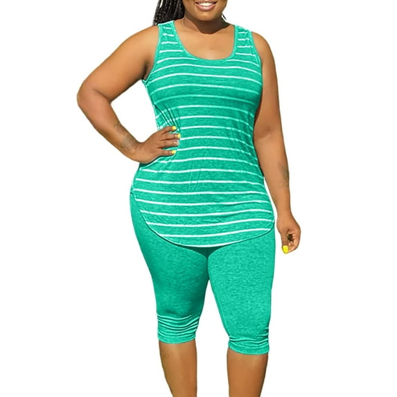 Yuzhih Womens Plus Size 2 Piece Outfit Casual Sportswear Striped Sleeveless Tank Top and Capri Leggings Tracksuit Sets