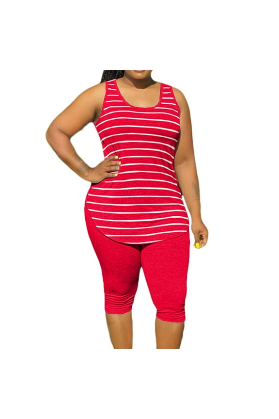Womens Plus Size 2 Piece Outfit Casual Sportswear Striped Sleeveless Tank Top and Capri Leggings Tracksuit Sets