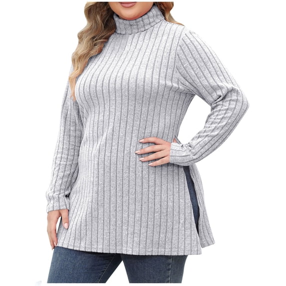 XuJwPNcy Womens Plus Size Ribbed Knit Tops Long Sleeve Shirts Round Neck Tunic Solid Pullover Side Split Fall