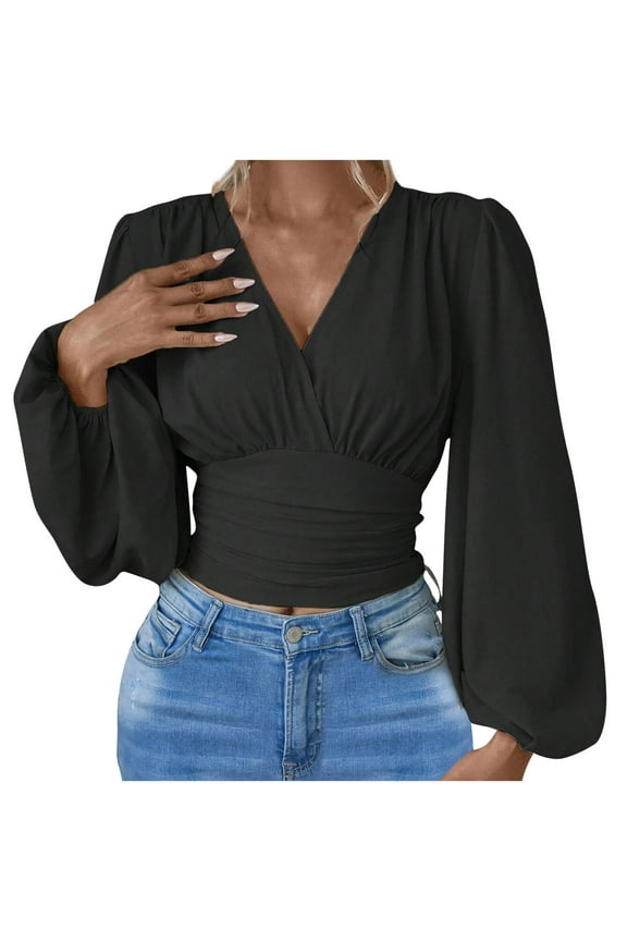 Yuzhih Womens Puff Sleeve Tops Warp V Neck Low Cut Long Sleeve Blouse Shirts Ruched Waist Cropped Tops