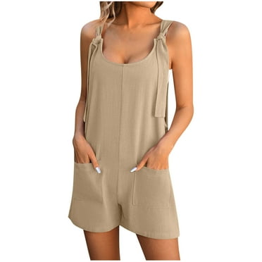 Yuzhih Womens Rompers Fashion Summer Solid Casual Short Jumpsuits Cottton Linen Sleeveless Suspender with Pockets
