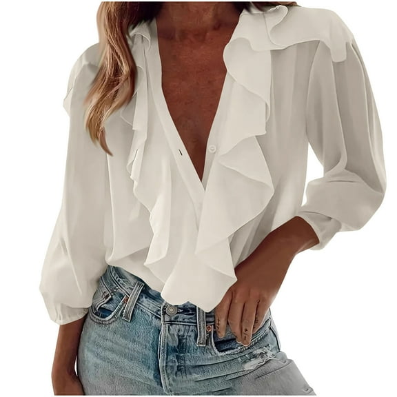 XuJwPNcy Womens Ruffle V Neck Blouse Tops Long Sleeve Beach Vacation Shirts Dressy Button down Lightweight Loose Blouses
