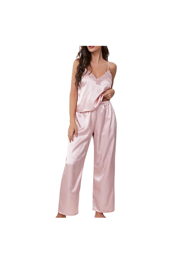 Womens Satin Pajamas Set Two Piece Nightwear Sleeveless Lace Camisole Top with Long Pants Soft Pj Loungewear