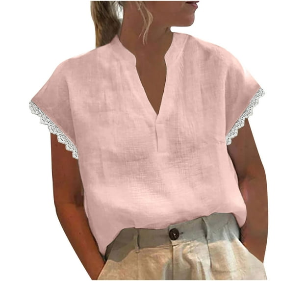 XuJwPNcy Womens Shirts Casual Loose V-Neck Summer Tops Cap Sleeve Lace Spliced Tunic Trendy Clothes