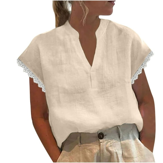 XuJwPNcy Womens Shirts Casual Loose V-Neck Summer Tops Cap Sleeve Lace Spliced Tunic Trendy Clothes