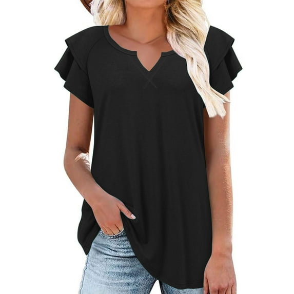 XuJwPNcy Womens Shirts V-Neck Ruffle Short Sleeve Tops Casual Loose Tees Summer Solid Color Blouse