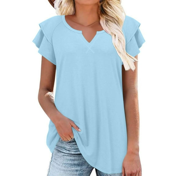 XuJwPNcy Womens Shirts V-Neck Ruffle Short Sleeve Tops Casual Loose Tees Summer Solid Color Blouse