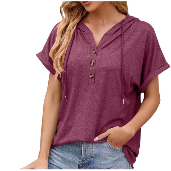 Yuzhih Womens Short Sleeve Hoodies Summer Loose Trendy Blouse Tops Casual T-Shirts Drawstring V Neck Button Tops