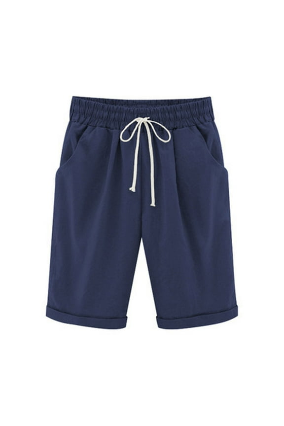 Womens Shorts Summer Knee Length Drawstring Short Pants Casual Rolled Hem Cotton Linen Shorts