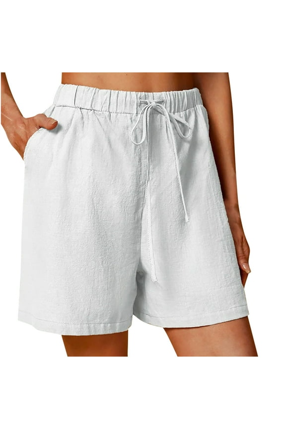 Womens Shorts Casual Cotton Linen High Waisted Summer Short Pants Elastic Waist Drawstring Comfy Shorts