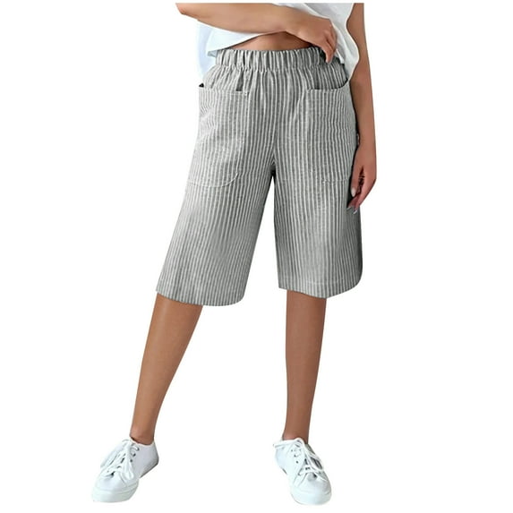 XuJwPNcy Womens Shorts Casual Knee Length Striped Print Shorts Elastic Waist Wide Leg Short Pants with Pockets